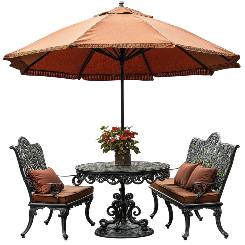 Elegant outdoor table and chairs set with umbrella and flowers in a sunny garden isolated on transparent background png
