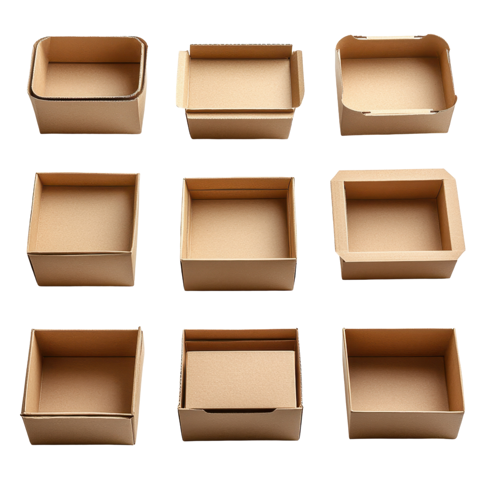 Different shapes and sizes of empty cardboard boxes arranged in a grid pattern isolated on transparent background png
