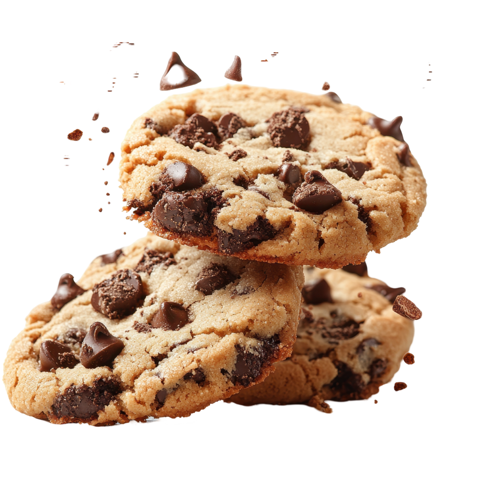 Freshly baked chocolate chip cookies stacked on top of each other with chocolate morsels scattering isolated on transparent background png