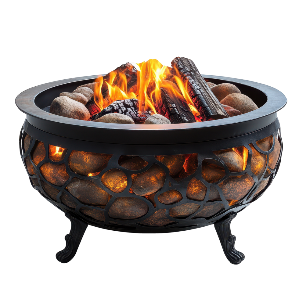 Fire pit surrounded by stones providing warmth and ambiance on a cool evening outside isolated on transparent background png