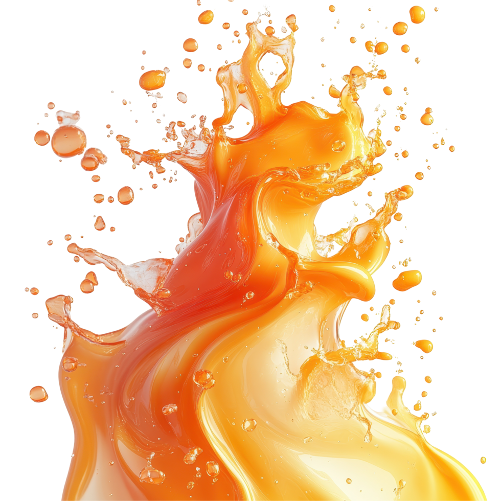 Vibrant orange liquid splashes dynamically against a white background showcasing fluid motion and texture isolated on transparent background png