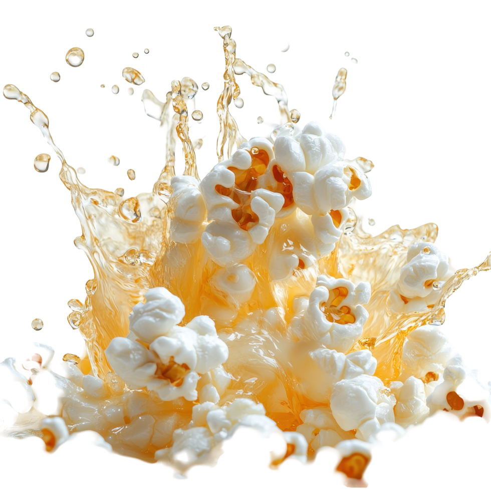 Popcorn splashes into a fizzy drink, creating an energetic reaction in a fun kitchen setting isolated on transparent background png