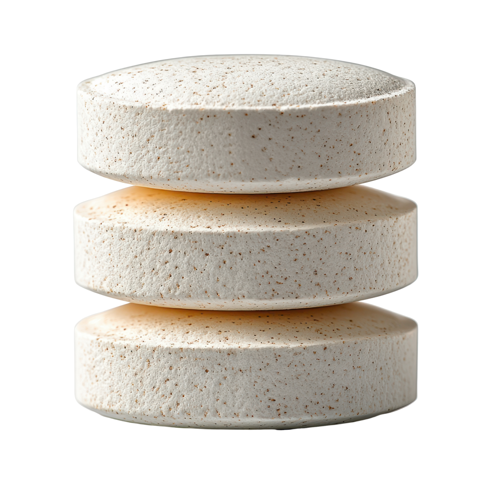 Three stacked white bath tablets with speckles placed on a flat surface for relaxation and wellness isolated on transparent background png