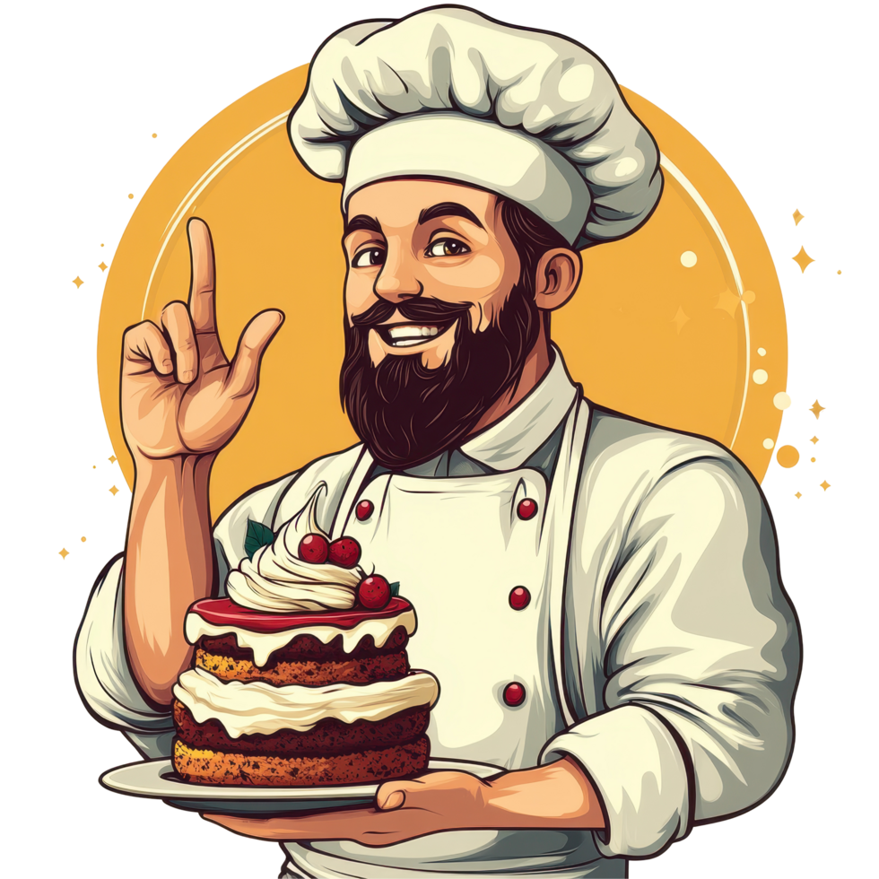 Professional baker presents a delicious layered cake with frosting and cherries in a cheerful kitchen setting isolated on transparent background png