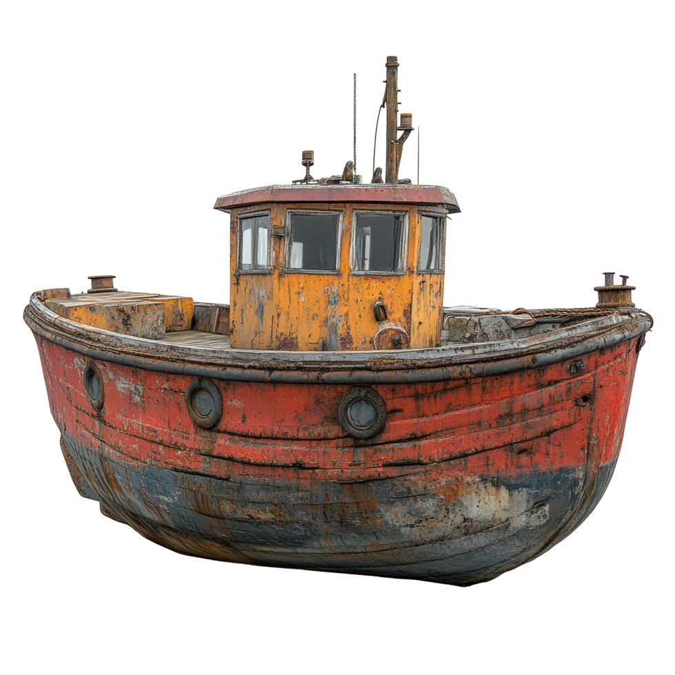 Old tugboat with peeling paint docked at a harbor near a coastal town during the late afternoon light isolated on transparent background png