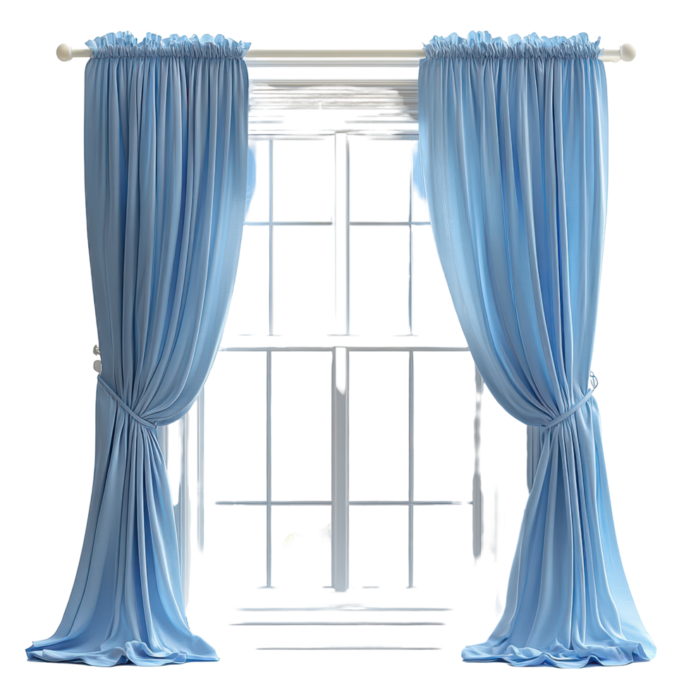 Soft blue curtains frame a bright window, enhancing natural light and creating a serene atmosphere in the room isolated on transparent background png