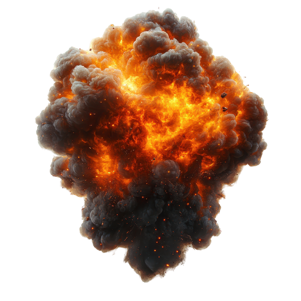 Massive fire explosion with vibrant flames and thick smoke billowing upward during an intense detonation isolated on transparent background png