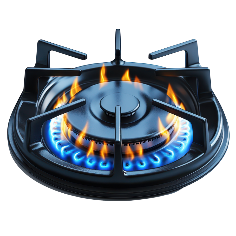 Flame igniting on a gas stove burner in a modern kitchen during cooking preparation isolated on transparent background png