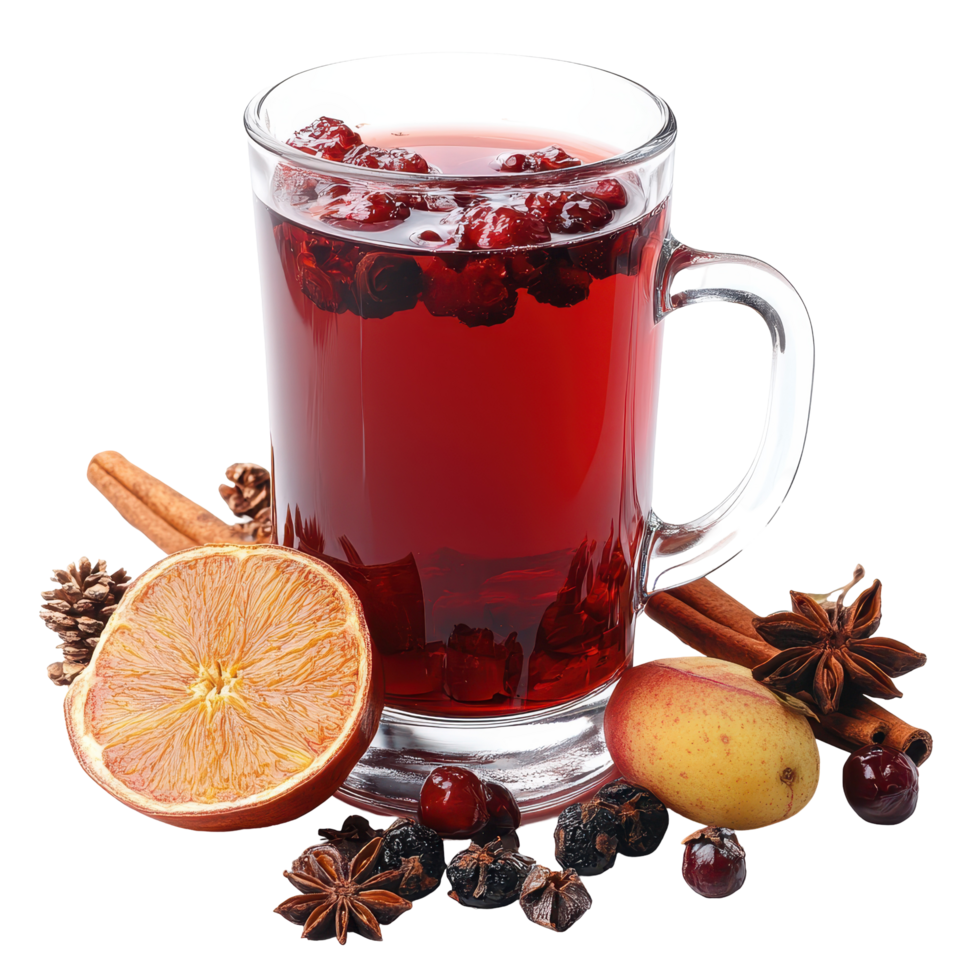 Warm beverage with spices, fruits, and berries served in a glass mug on a white background isolated on transparent background png