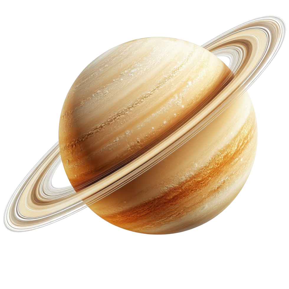 Beautiful view of Saturn showcasing its stunning rings and colorful bands in a digital illustration isolated on transparent background png