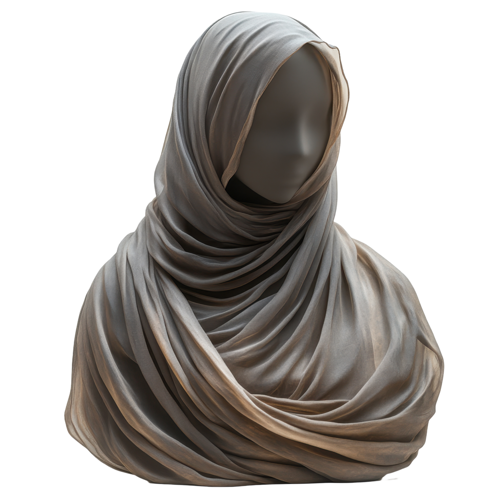 Elegant draped headscarf displayed on a neutral bust in a modern setting showcasing intricate fabric textures and colors isolated on transparent background png