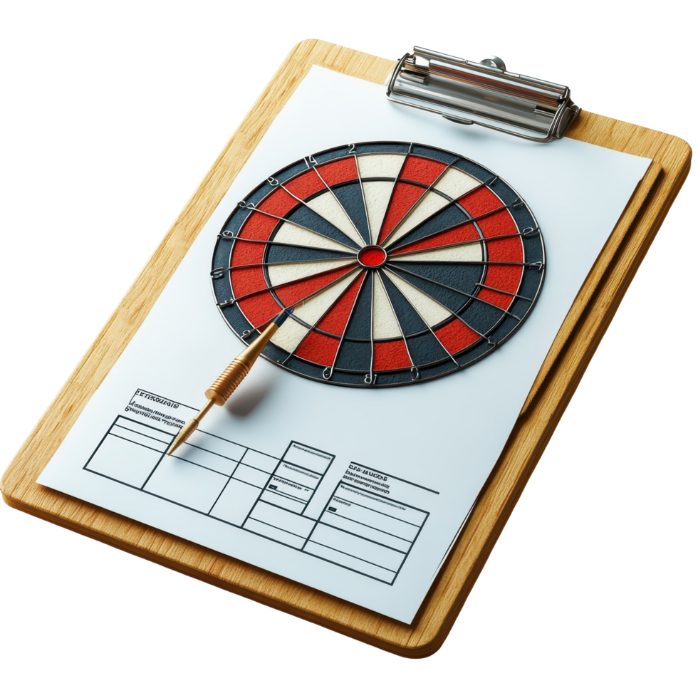 Dartboard on clipboard with score sheet for a friendly game at a recreational venue during evening hours isolated on transparent background png