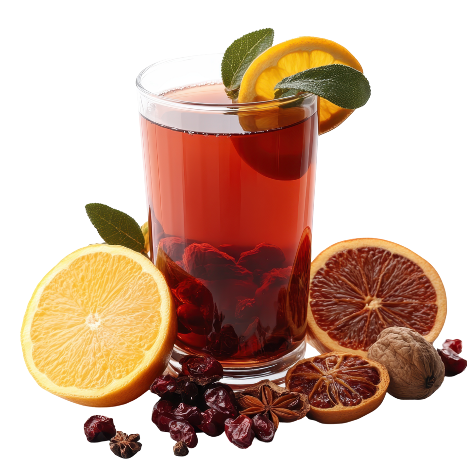 Colorful drink garnished with citrus fruit and herbs showcases refreshing beverage presentation isolated on transparent background png