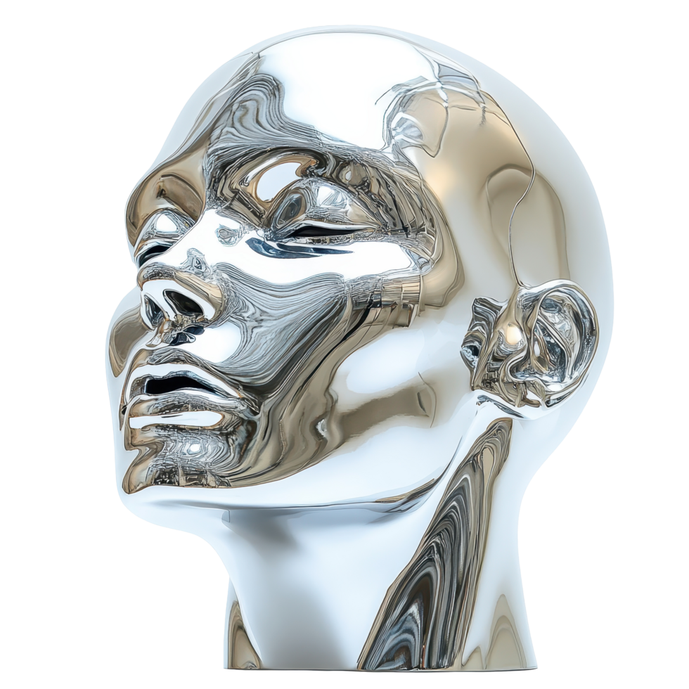 Sculptural silver head display showcasing a smooth, reflective surface in a minimalist design setting isolated on transparent background png