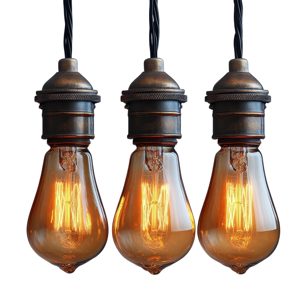 Vintage Edison light bulbs hanging from a ceiling fixture in a cozy setting at twilight isolated on transparent background png