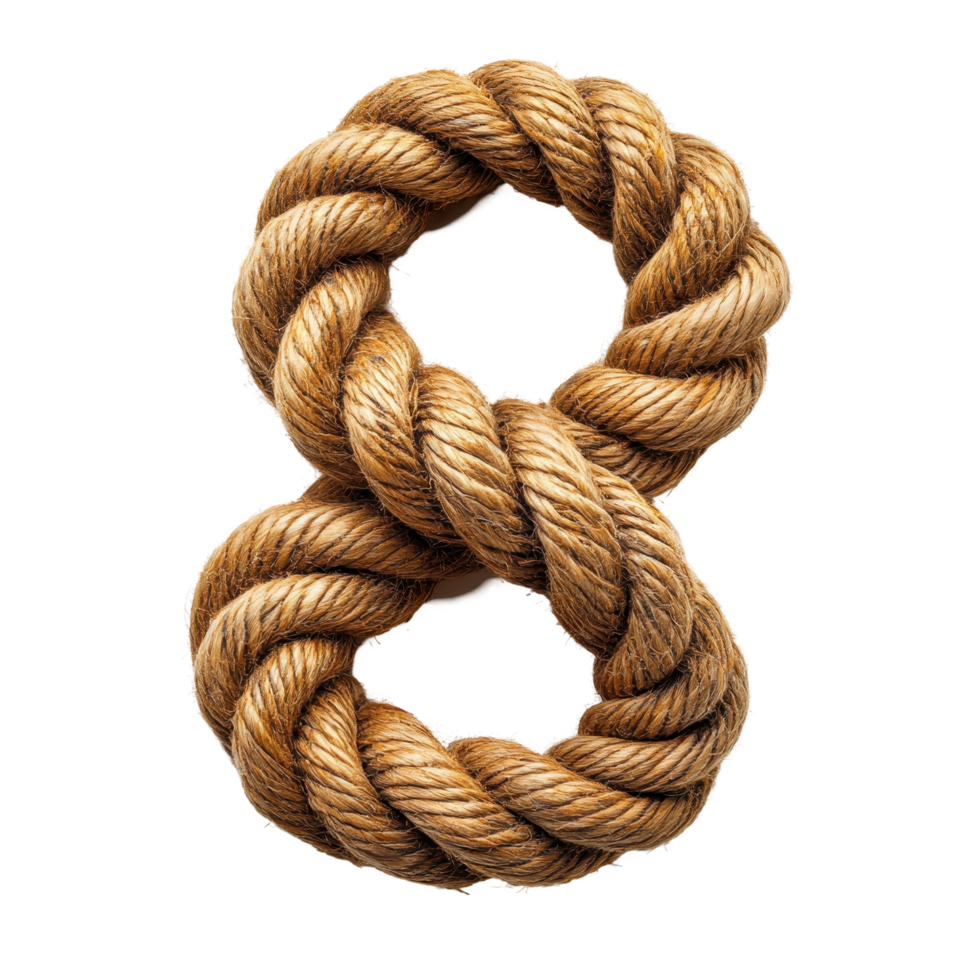 Knot formed from natural fiber rope in the shape of the number eight displayed against a plain background isolated on transparent background png