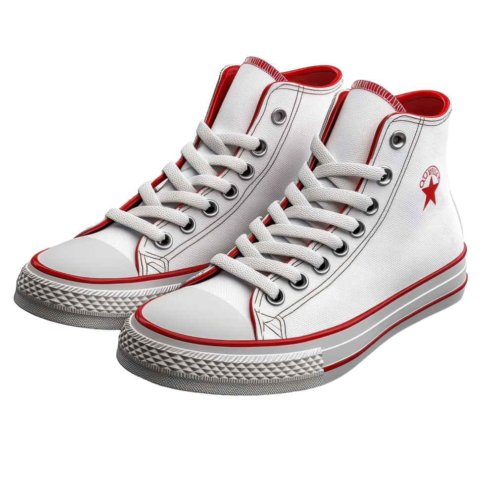 Stylish white high-top sneakers with red accents suitable for casual wear in any season isolated on transparent background png