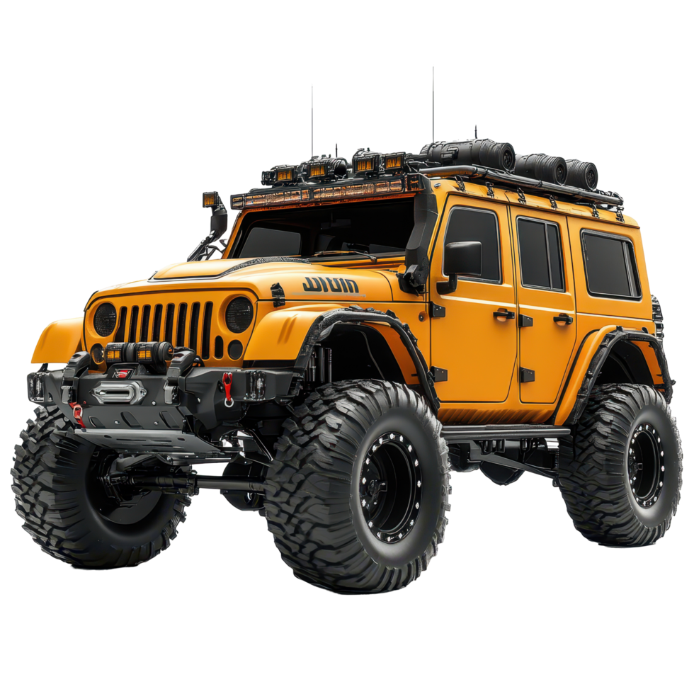 Custom-built yellow off-road vehicle with oversized tires and rugged accessories ready for adventure isolated on transparent background png