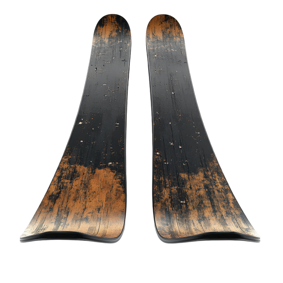 Old wooden skis lay on a white surface showcasing wear and character from years of use in snowy mountains isolated on transparent background png