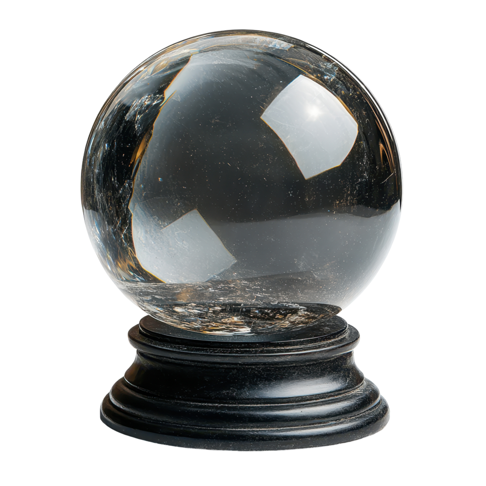 Crystal ball resting on a black wooden base, reflecting light in a dimly lit room with a mysterious atmosphere isolated on transparent background png