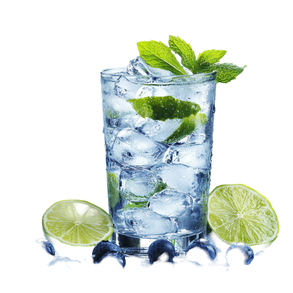 Refreshing drink with lime slices and mint leaves served in a clear glass filled with ice cubes isolated on transparent background png