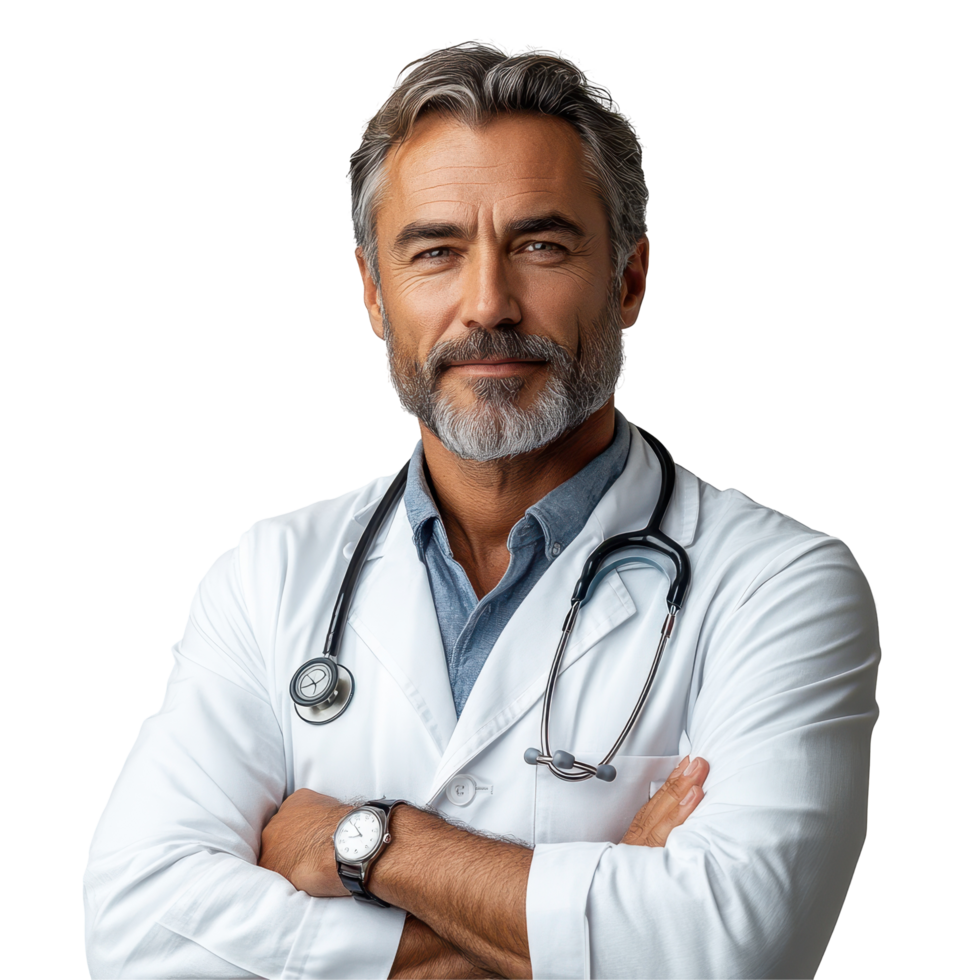 Experienced doctor with a stethoscope poses confidently in a medical setting isolated on transparent background png