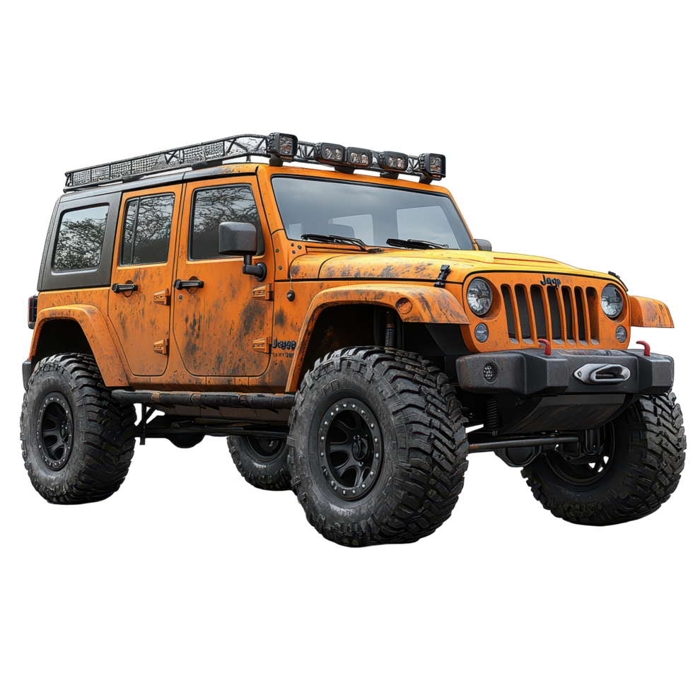 Off-road adventure vehicle showcases rugged design and powerful features in a striking orange finish isolated on transparent background png