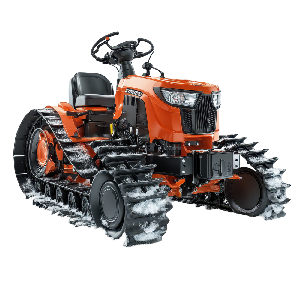 Compact tractor with snow tracks ready for winter work in a rural area isolated on transparent background png