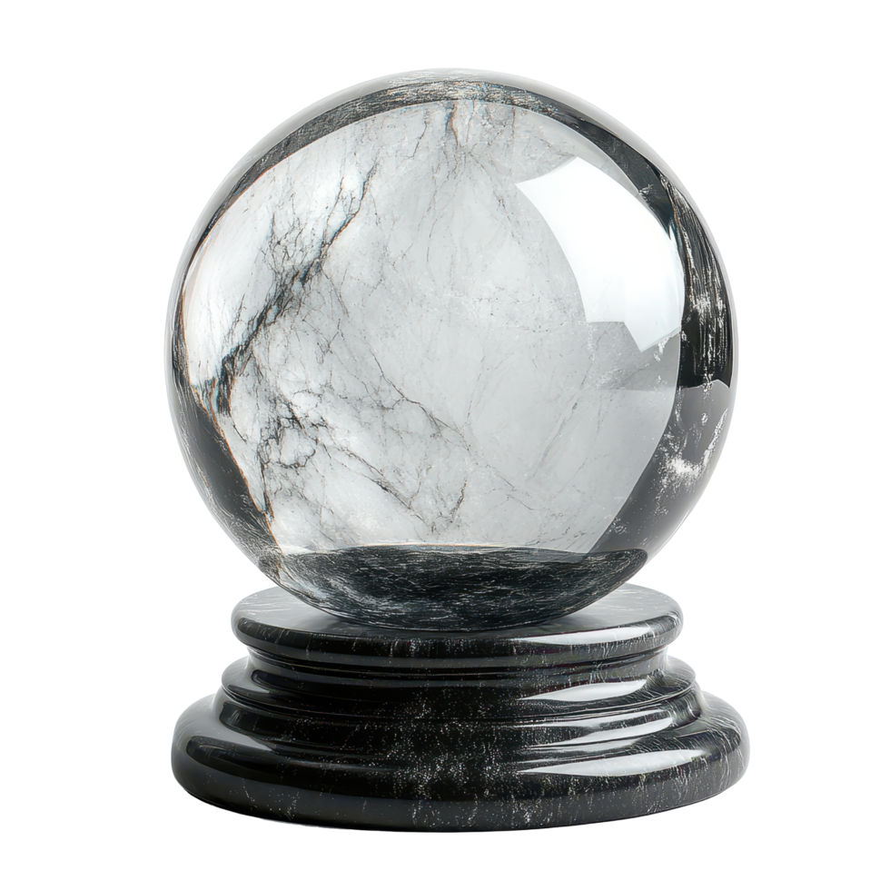 Decorative crystal globe resting on a black marble base, showcasing natural patterns and clarity, perfect for home decor isolated on transparent background png