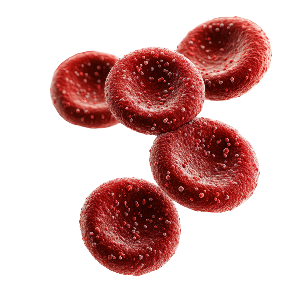 Close-up view of red blood cells showcasing their unique texture and structure in a scientific illustration isolated on transparent background png