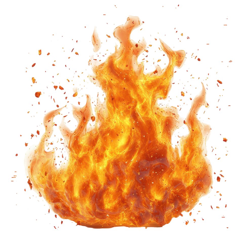 Bright orange flames erupting with sparks, creating dynamic fire display in a dark background isolated on transparent background png