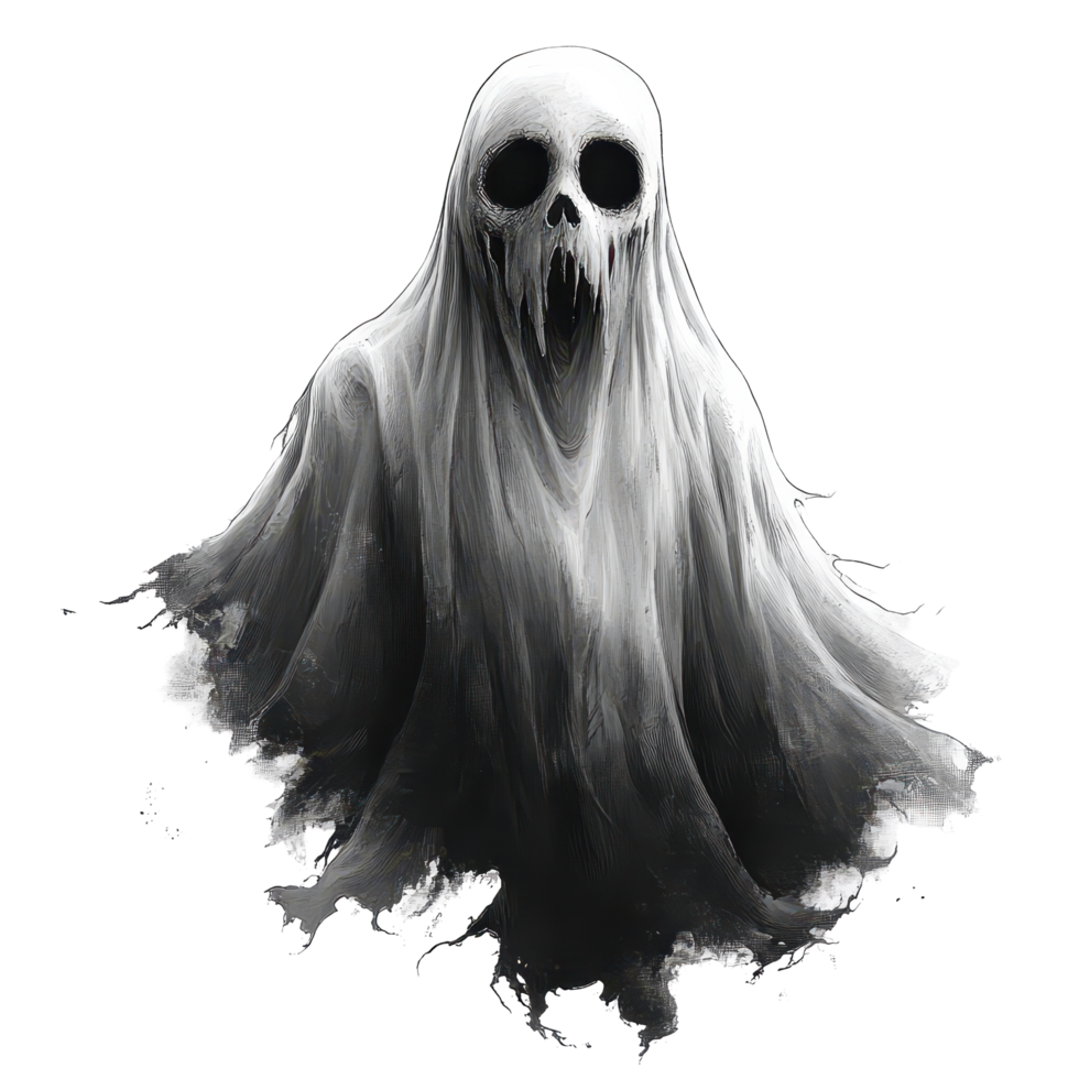 Mysterious ghost figure emerging from darkness with haunting presence and eerie expression isolated on transparent background png