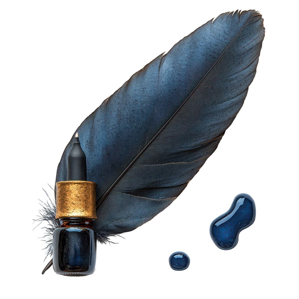 Blue feather quill and ink bottle create a classic writing setup with ink drops nearby isolated on transparent background png