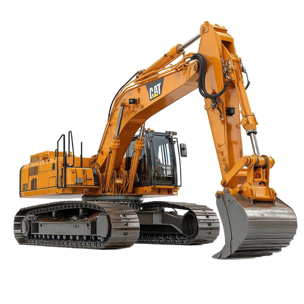Large excavator with extended boom ready for construction work at a building site during bright daylight isolated on transparent background png