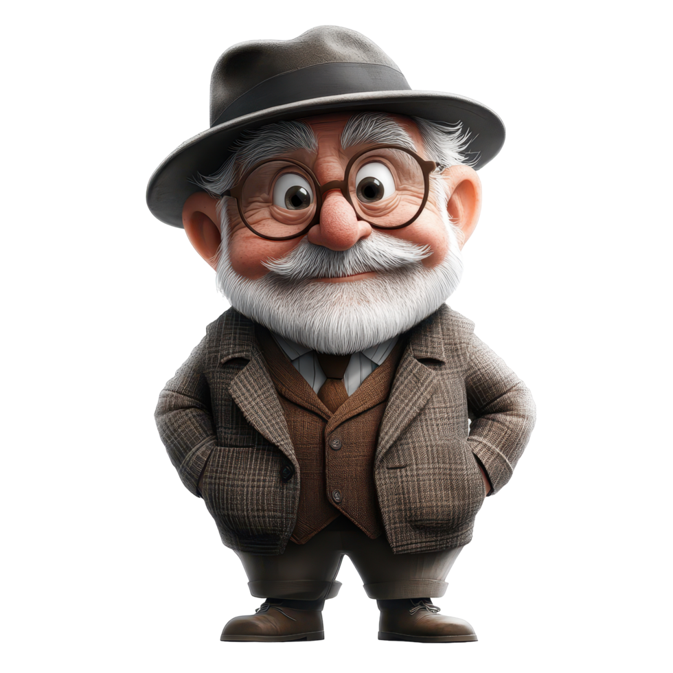Charming animated character wearing a hat and glasses stands with a smile in a stylish outfit isolated on transparent background png