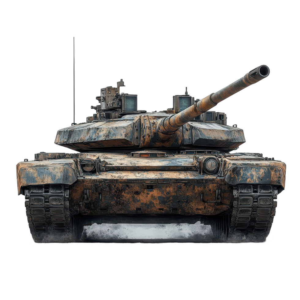 Rusty battle tank stands on display after years of service in military exercises and conflicts in a deserted area isolated on transparent background png