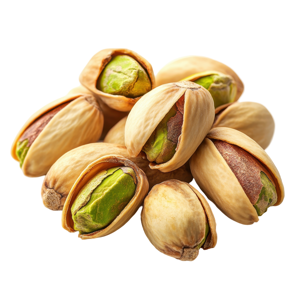 Pistachios stacked artistically on a white background showcasing their texture and rich green color isolated on transparent background png