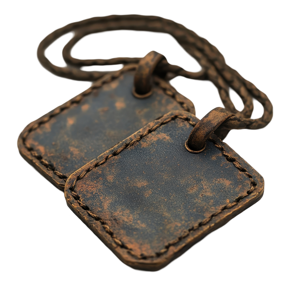 Unique handcrafted leather tags with rustic finish on braided cord for personalizing items isolated on transparent background png