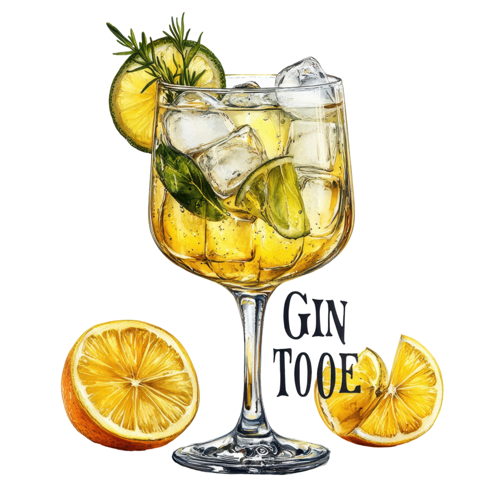 Refreshing gin tonic served in a large glass with lemon and lime garnishes during a summer gathering outdoors isolated on transparent background png