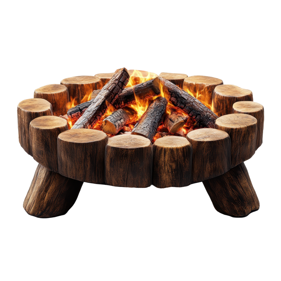Rustic wooden fire pit with logs burning brightly during a cozy outdoor gathering in a backyard isolated on transparent background png