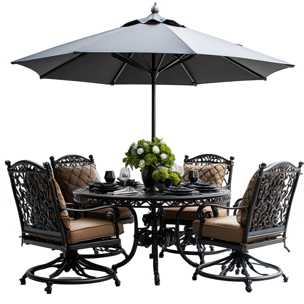 Elegant outdoor dining set with umbrella and floral centerpiece in a sunny garden isolated on transparent background png