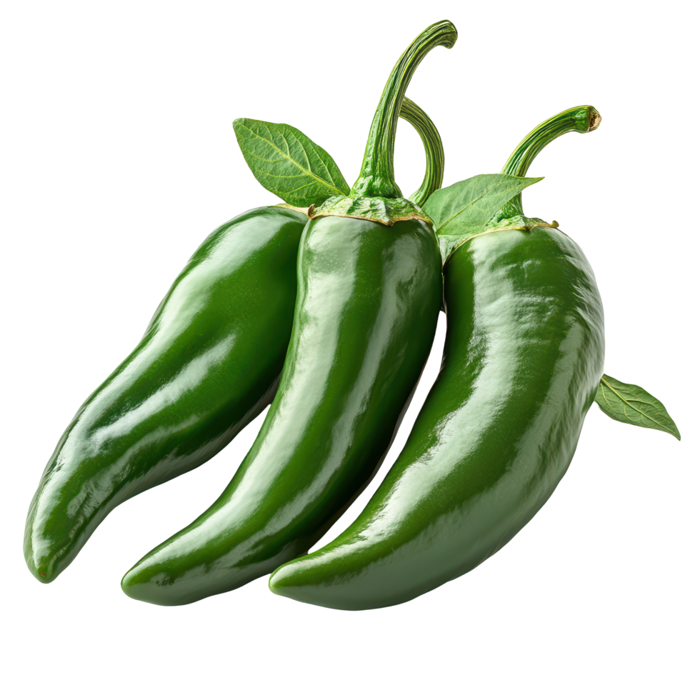 Fresh green jalapeno peppers with vibrant shine and green leaves on a white background isolated on transparent background png