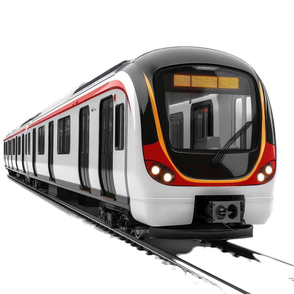 Modern train design showcasing sleek features and vibrant color patterns in a railway station setting isolated on transparent background png