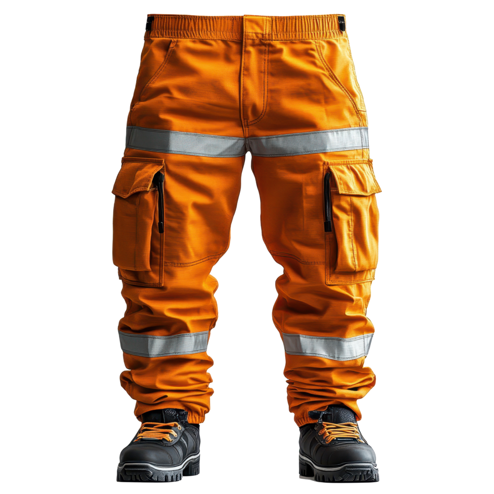 Safety work pants with reflective stripes designed for outdoor construction and maintenance use in urban settings isolated on transparent background png