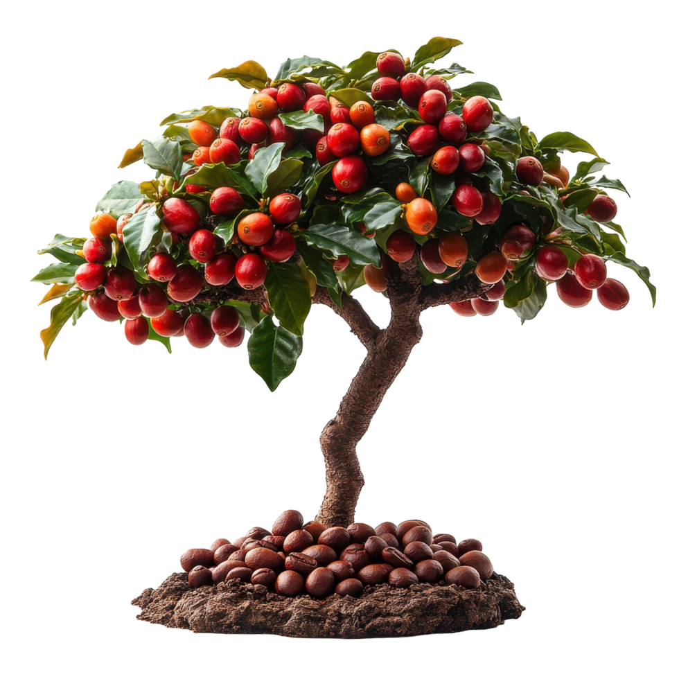 Decorative tree with ripe fruits and glossy leaves displayed on a textured brown base isolated on transparent background png