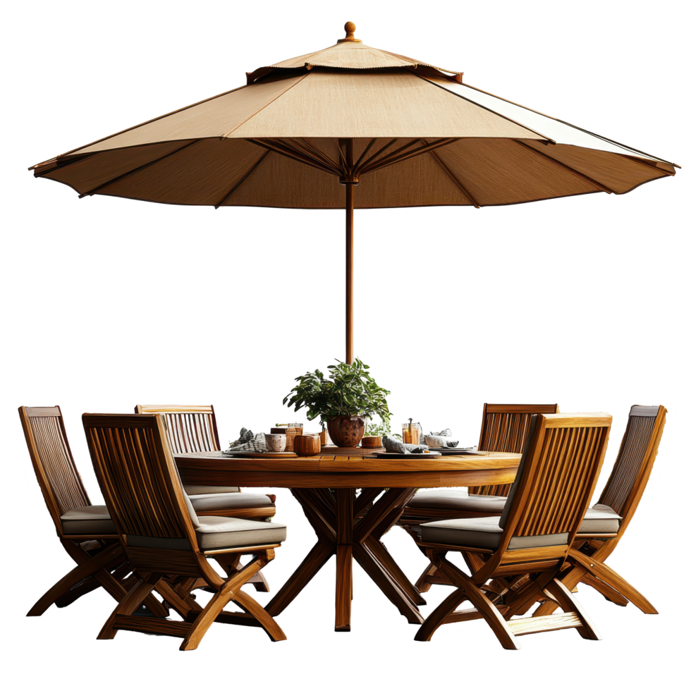 Outdoor dining set with a large umbrella in a sunny garden setting isolated on transparent background png