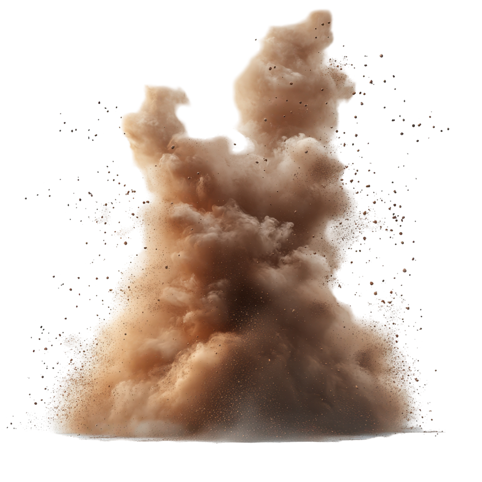 Dust explosion occurs, creating a dramatic cloud of particles in a white background setting isolated on transparent background png