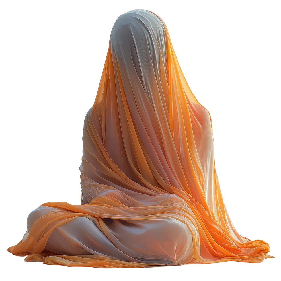 Ethereal figure draped in flowing fabric sits in serene meditation against a plain background isolated on transparent background png