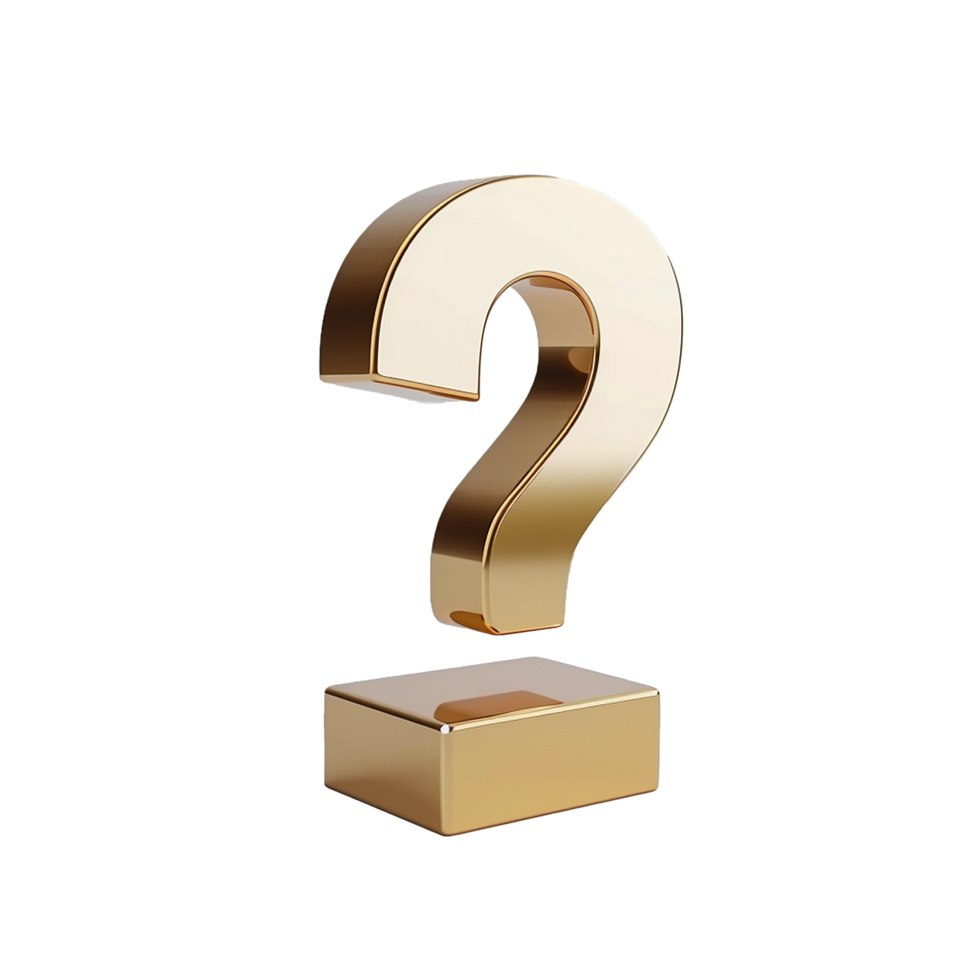 A Golden Question Mark on a Cube Base 3D Render Illustration png