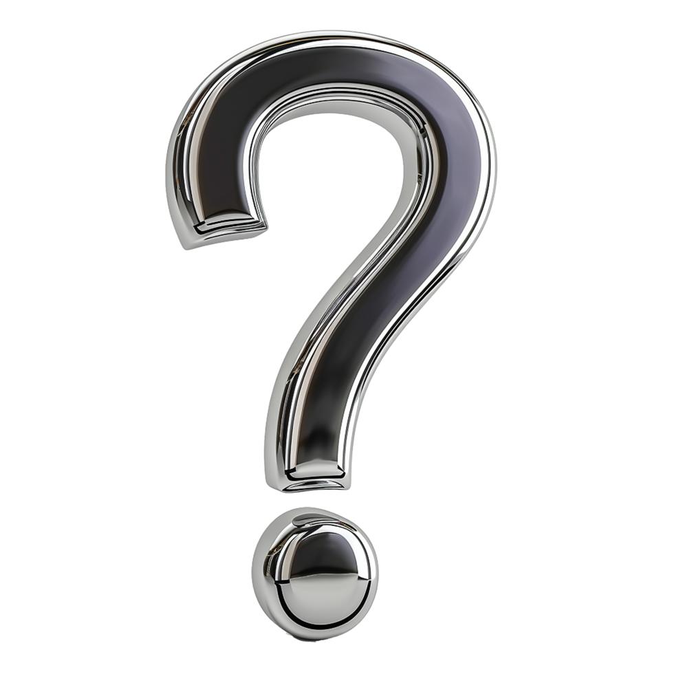 A shiny metallic three dimensional question mark illustration on white background png